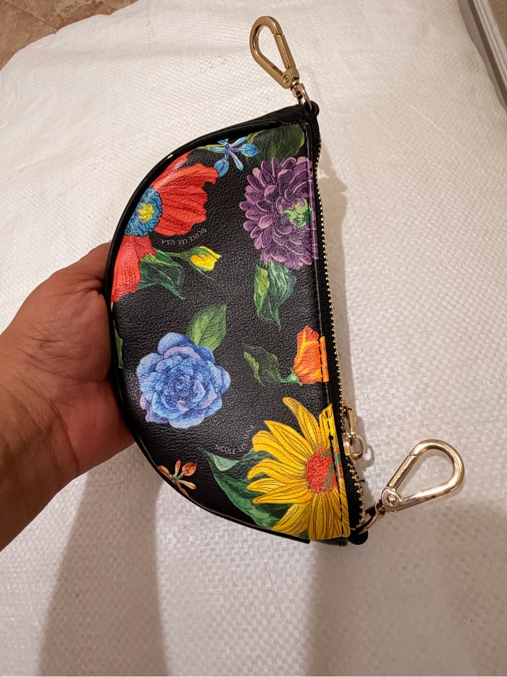 Nicole Lee Black Floral Half-Moon Wristlet with Gold Hardware